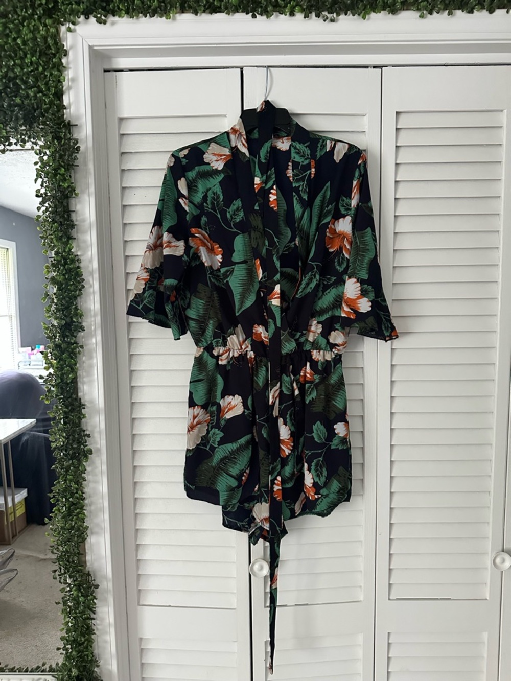 SHEIN Navy Floral Tie-Waist Romper with Green & Orange Print size xL